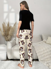 Bear Print Pajama Set Short Sleeve Top & Pants