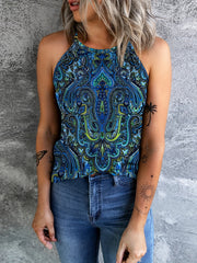 Ethnic Print Sleeveless Top Casual Crew Neck Summer Top