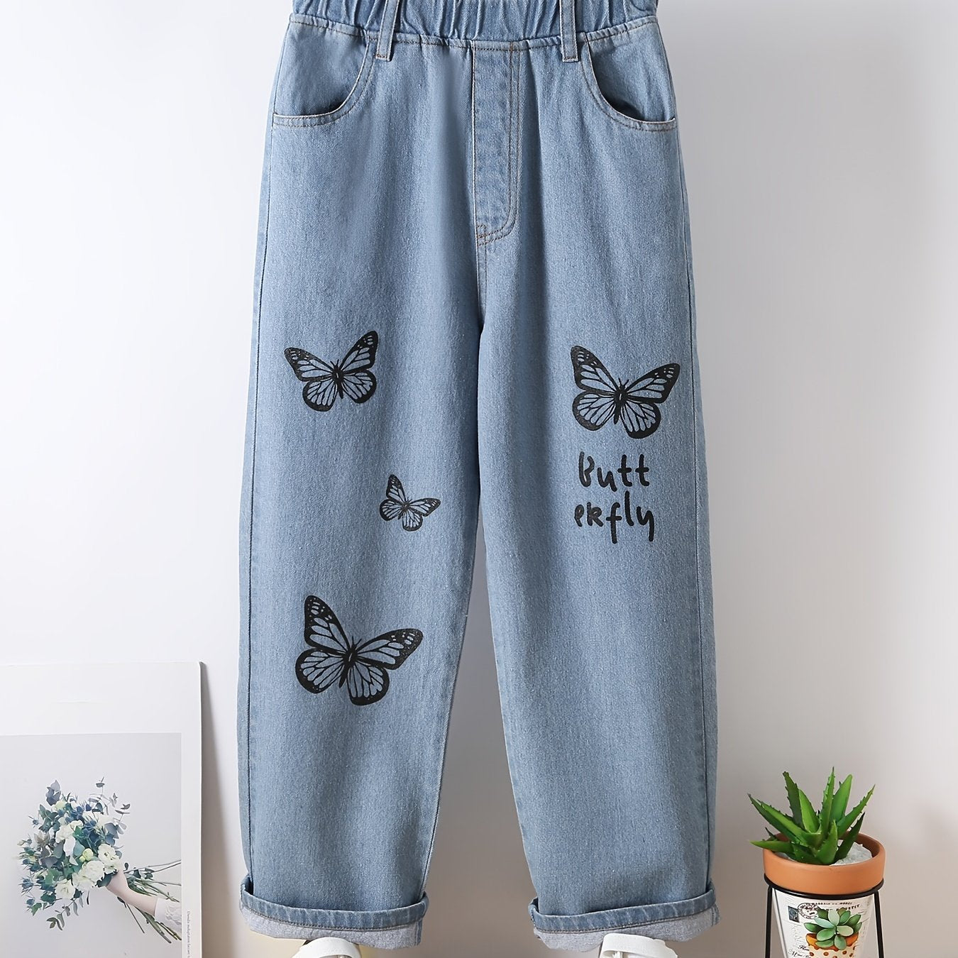 Girls Butterfly Graphic Pocket Casual Sports Loose Elastic Waist Wide Leg Jeans