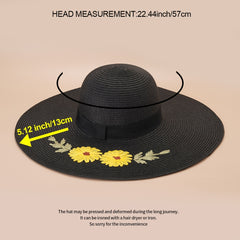 Flower Embroidery Sun Hat Easter Wide Flat Brim Straw Hat Women Beach Travel