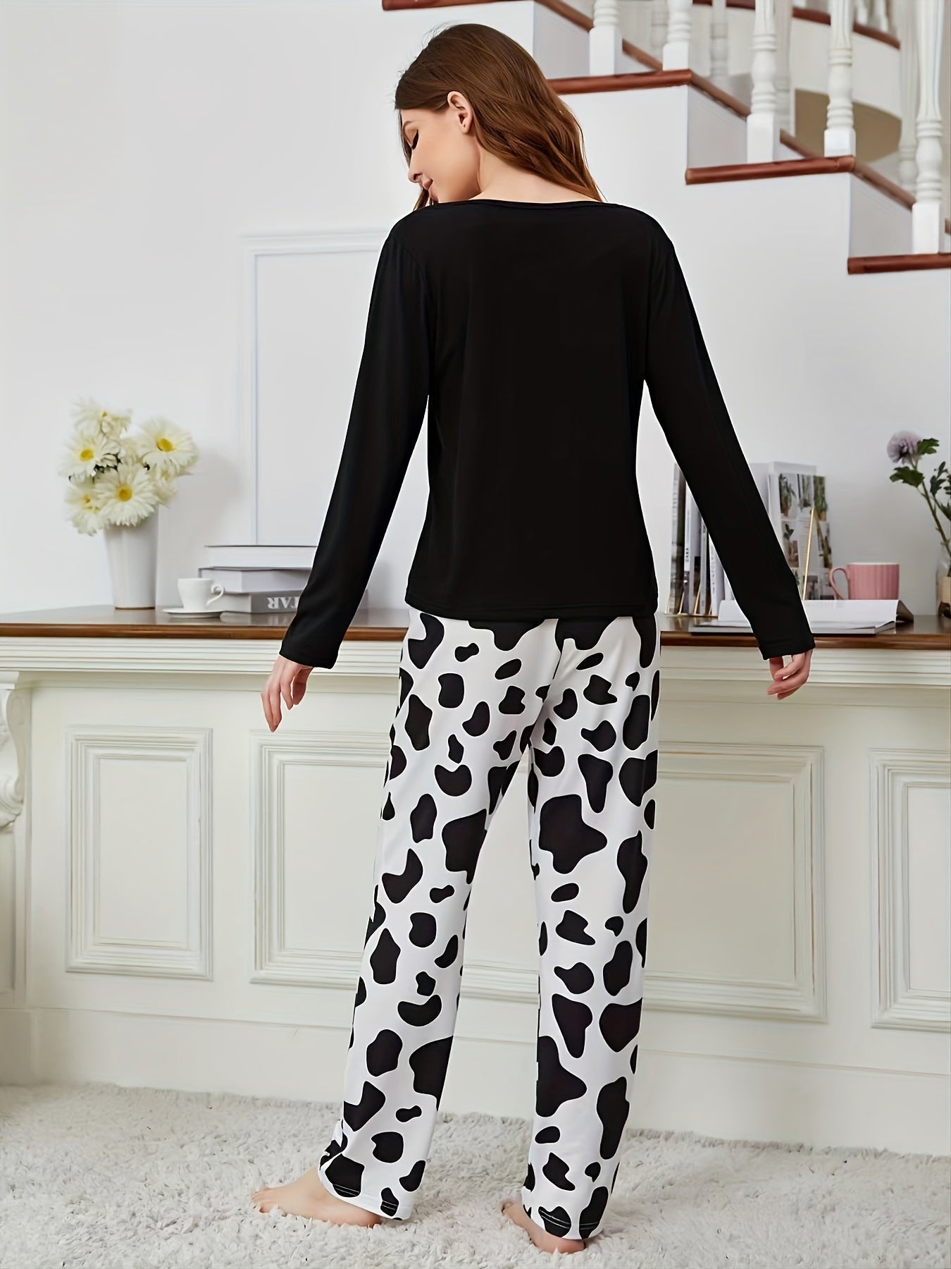 Cow Print Lounge Set Crew Neck Top & Pants Women's Loungewear