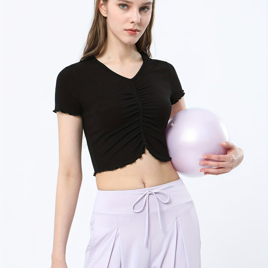 Elastic Soft Yoga Pleated Shirt V Neck Crop Top