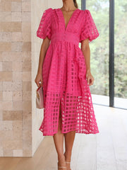 Windowpane Solid Lantern Sleeve Midi Dress