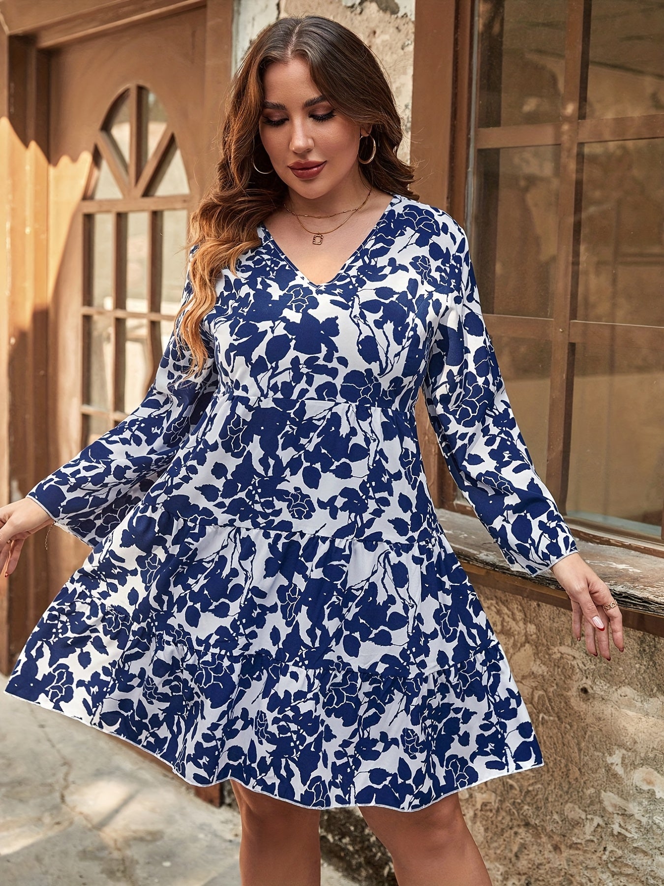 Floral Print Bell Sleeve V Neck Pleated Plus Size Dress