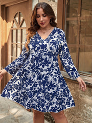 Floral Print Bell Sleeve V Neck Pleated Plus Size Dress