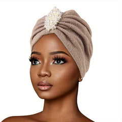 Faux Pearl Decor Turban Cap Embossed Elastic Head Wrap Solid Pleated Beanie