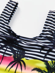 Girls Coconut Tree Stripe Swimsuit Kids Beach Bathing Suit