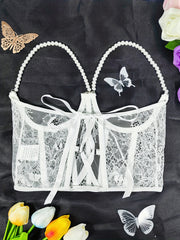 Lace Embroidery Pearl Chain Underbust Corset Top