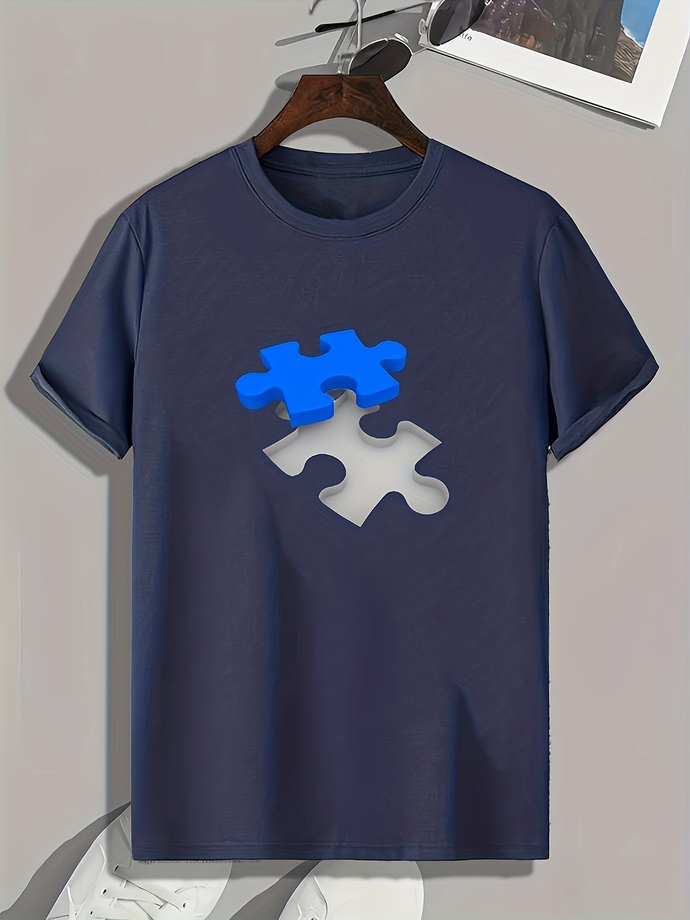 Puzzle Pattern Print Men's Sports T-shirt for Fitness Activities