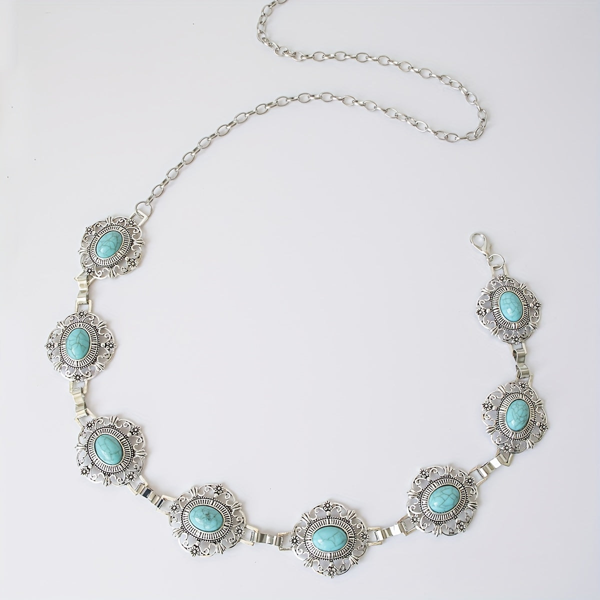 Turquoise Inlaid Metal Waist Chain Boho Tassel Belly Chain Dress Accessories