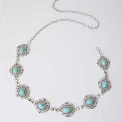 Turquoise Inlaid Metal Waist Chain Boho Tassel Belly Chain Dress Accessories