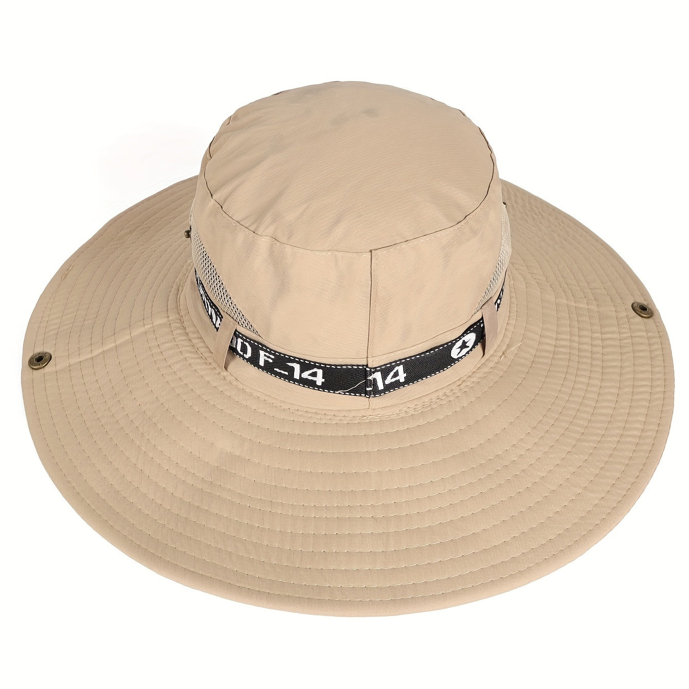 Khaki Wide Brim Bucket Hat Drawstring UV Protection Mesh Breathable Sun Hat