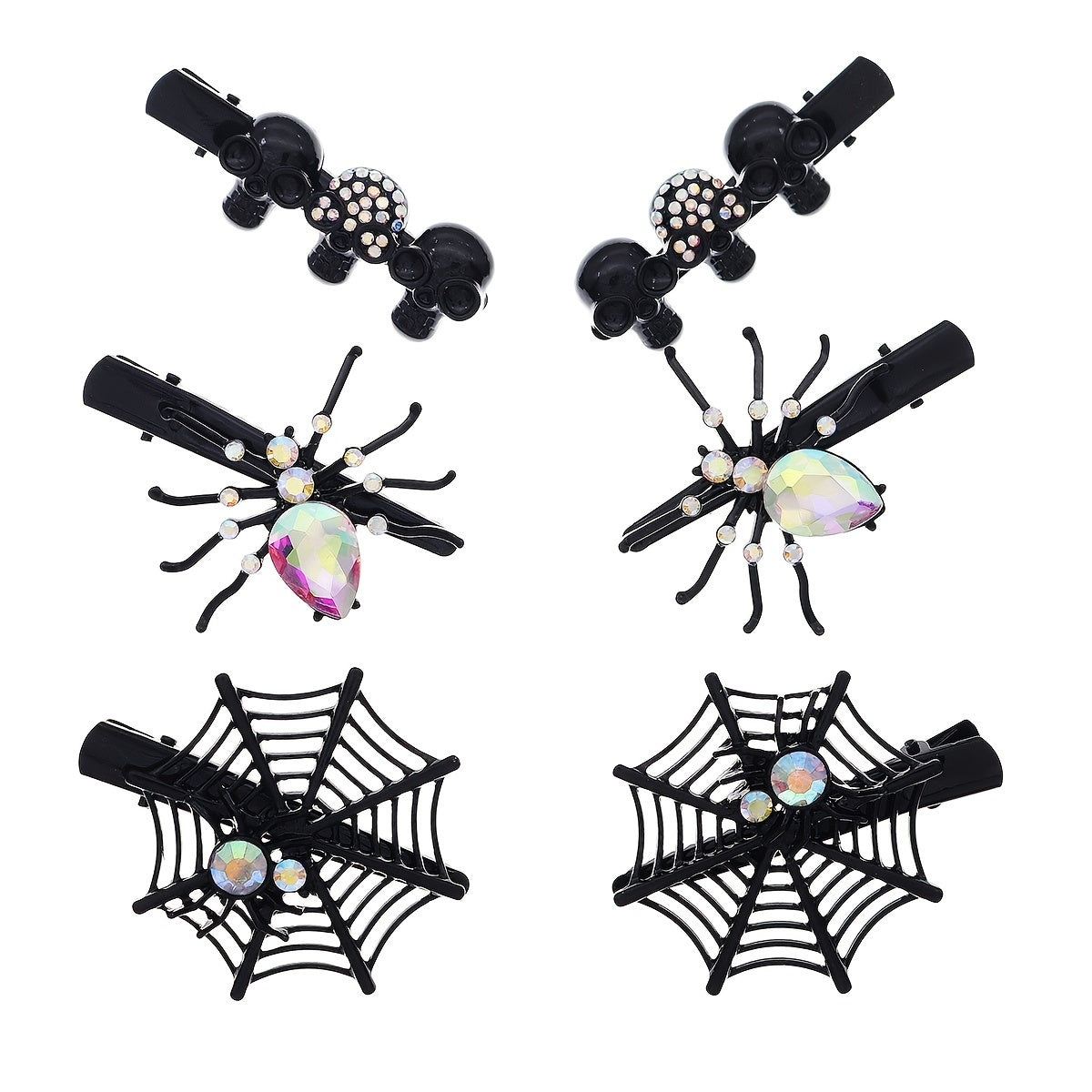 Gothic Skull Hair Clip Red Crystal Spider Web Hairpins 6pcs