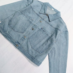 Casual Denim Top Women's Plus Solid Button Up Long Sleeve