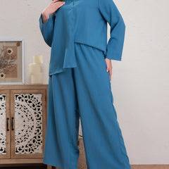 Ribbed Long Sleeve Polo Neck Blouse & Wide Leg Pants Set