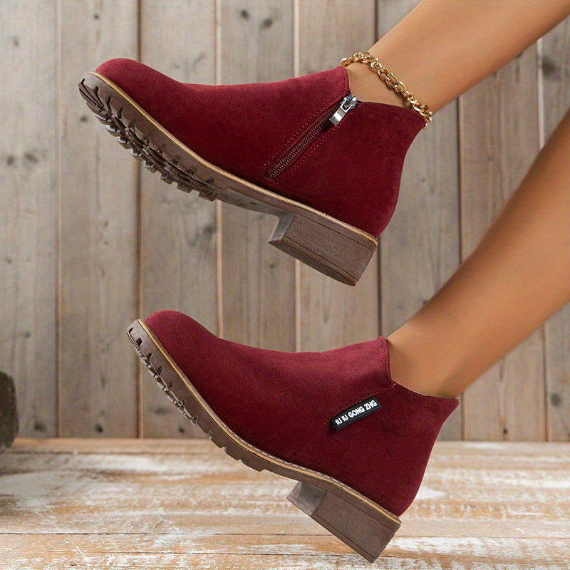 Chunky Heeled Ankle Boots Retro Round Toe Side Zipper Shoes
