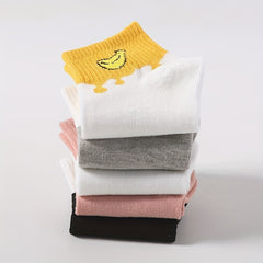 5 Pairs Cartoon Fruit Print Socks Ribbed Short Stockings