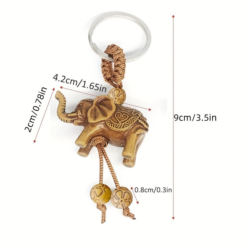 Vintage Lucky Elephant Carved Pendant Keychain Key Ring