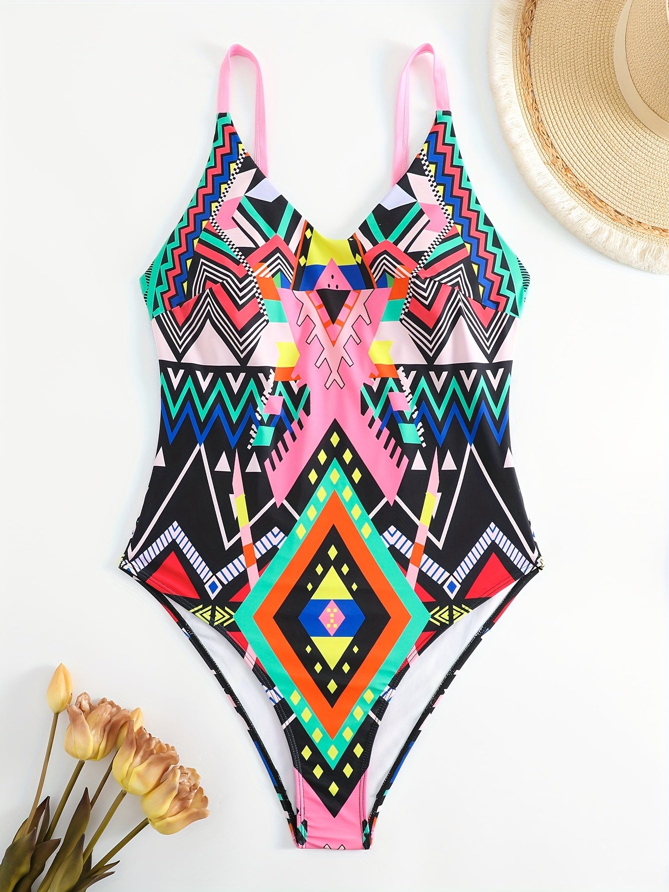 Geo Print V Neck One Piece Swimsuit