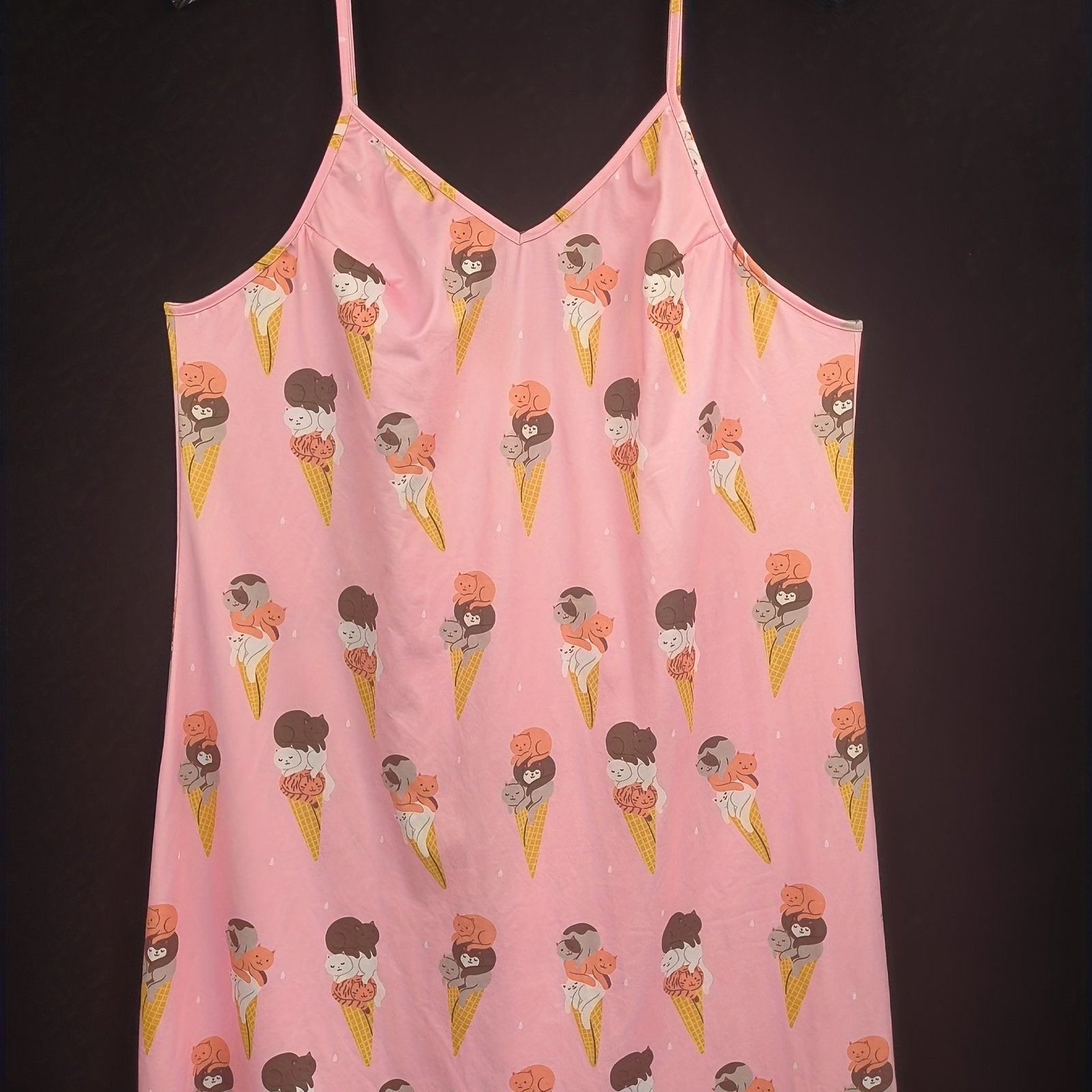 Lounge Dress Women's Plus Cat Ice Cream Print V Neck Nightdress