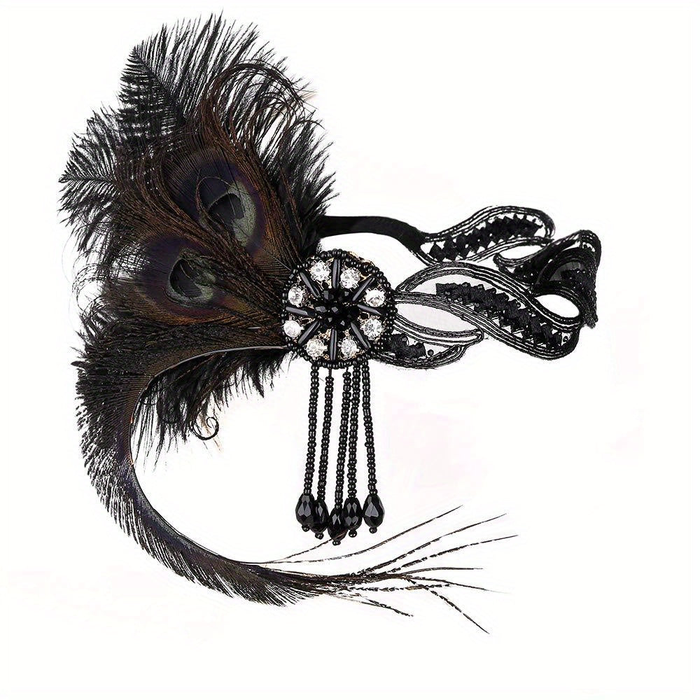 Faux Peacock Feather Headband Rhinestone Hair Band for Women