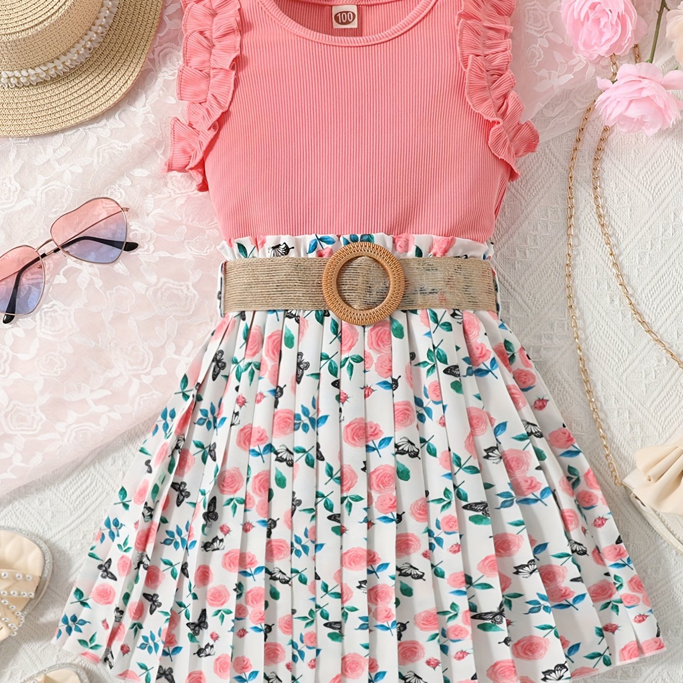 Girls Ribbed Lace Cuffs Top & Boho Flowers Pleated Skirt Set