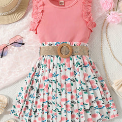 Girls Ribbed Lace Cuffs Top & Boho Flowers Pleated Skirt Set