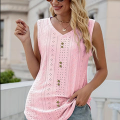 Eyelet Button Tank Top V Neck Sleeveless Summer Top