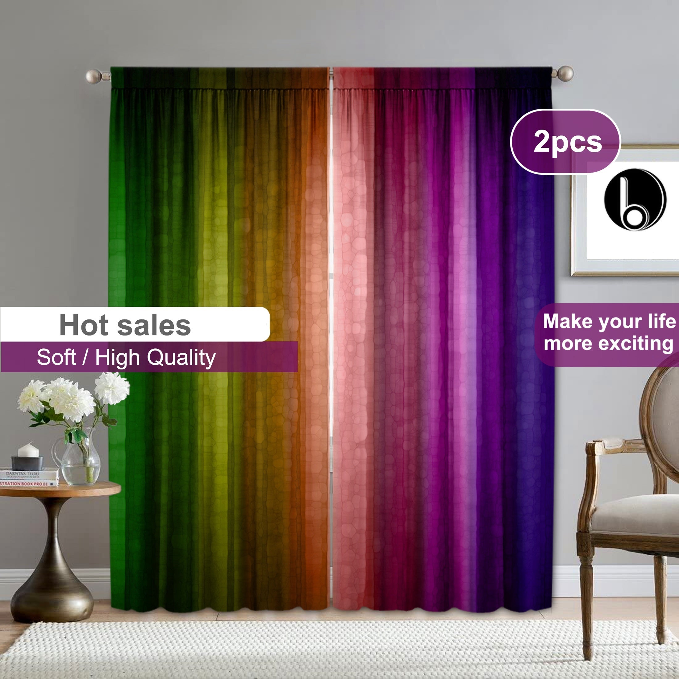 Dark Rainbow Curtains Set of 2 Rod Pocket Kitchen Cafe Living Room Decor