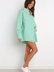 Stripe Print Button Up Blouse & Shorts Set