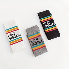 3 Pairs Letter Print Striped Socks Knee High College Style Stockings