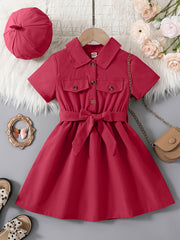 2pcs Toddler Girls Button Flap Shirt Dress & Hat Set Kids Summer Clothes