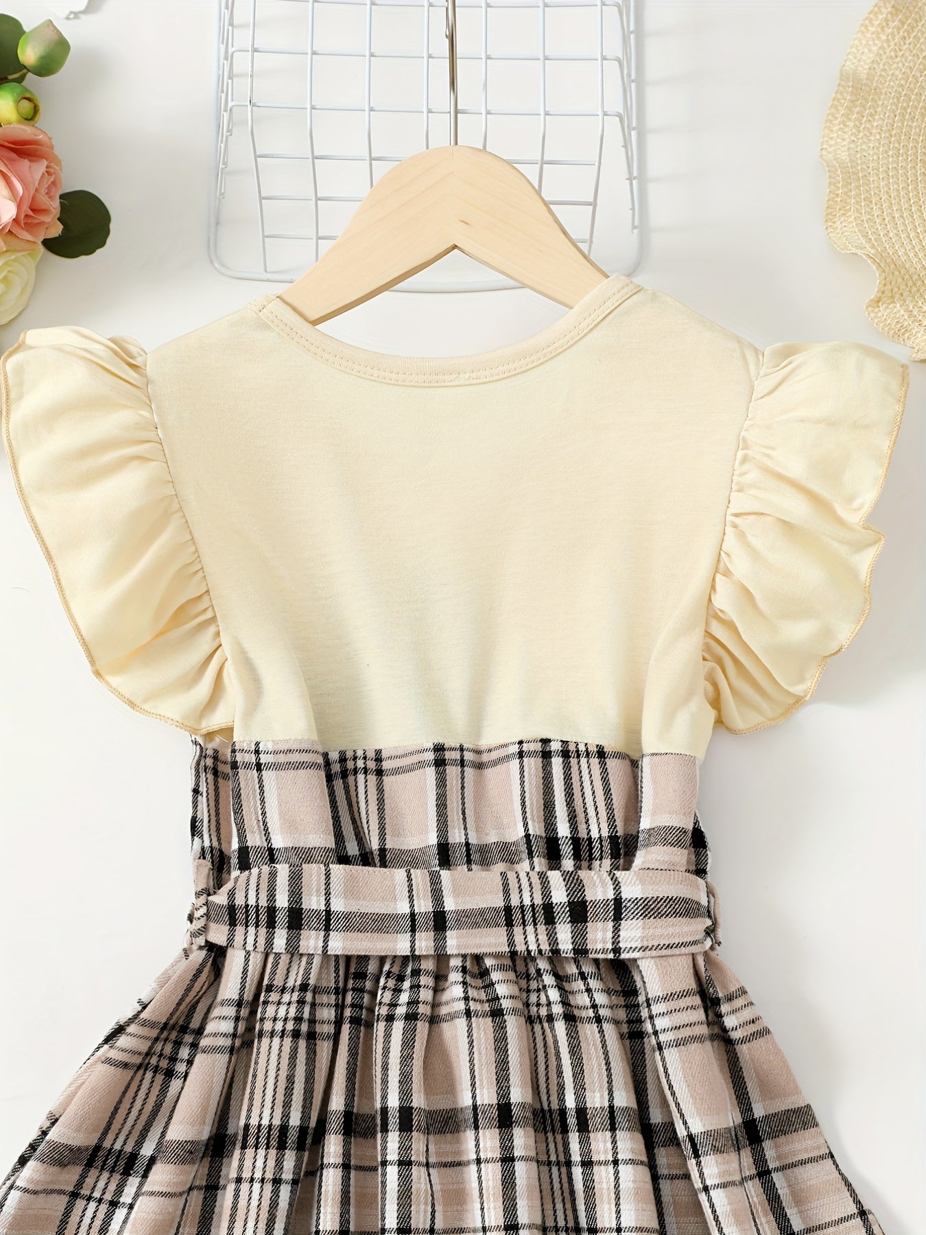 Toddler Girls Ruffle Trim Plaid Button Casual Belted Spliced Dress