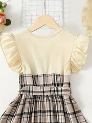 Toddler Girls Ruffle Trim Plaid Button Casual Belted Spliced Dress