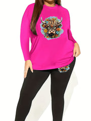 Women's Plus Floral Cow Print Long Sleeve Top & Leggings Set