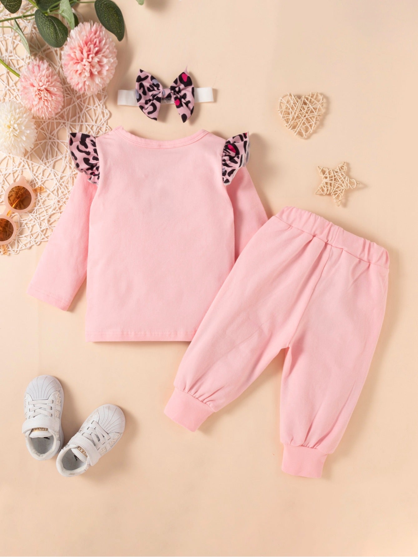 Casual Pink Cotton Long Sleeve Trousers Set