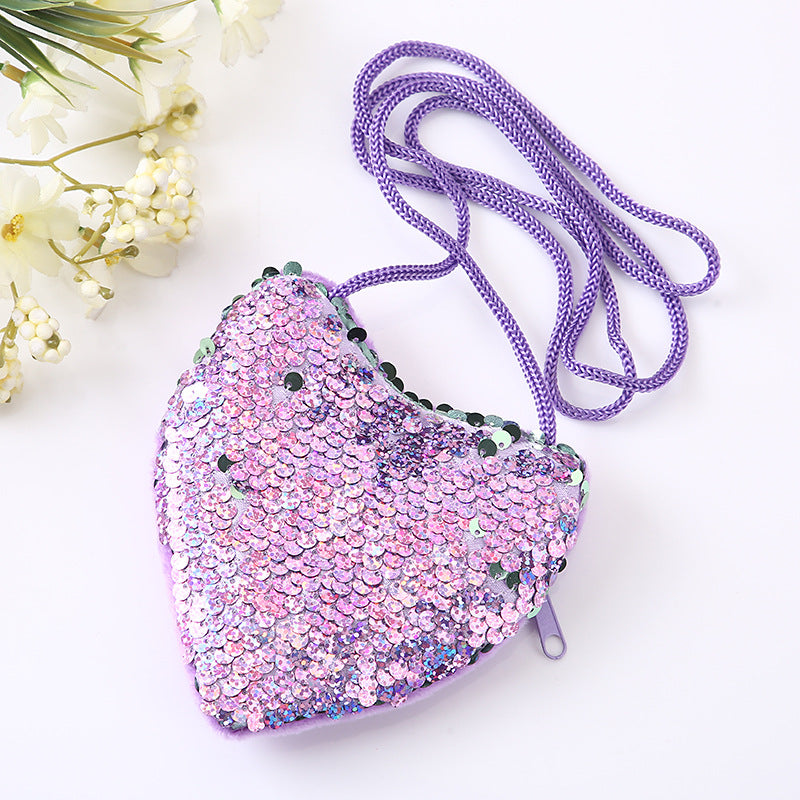 Girls Cartoon Sequin Heart Shaped Crossbody Bag Coin Purse for Party