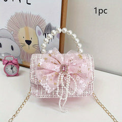 High-end Kids Crossbody Bag w/ Bow & Pearl Handle Single Shoulder Bag
