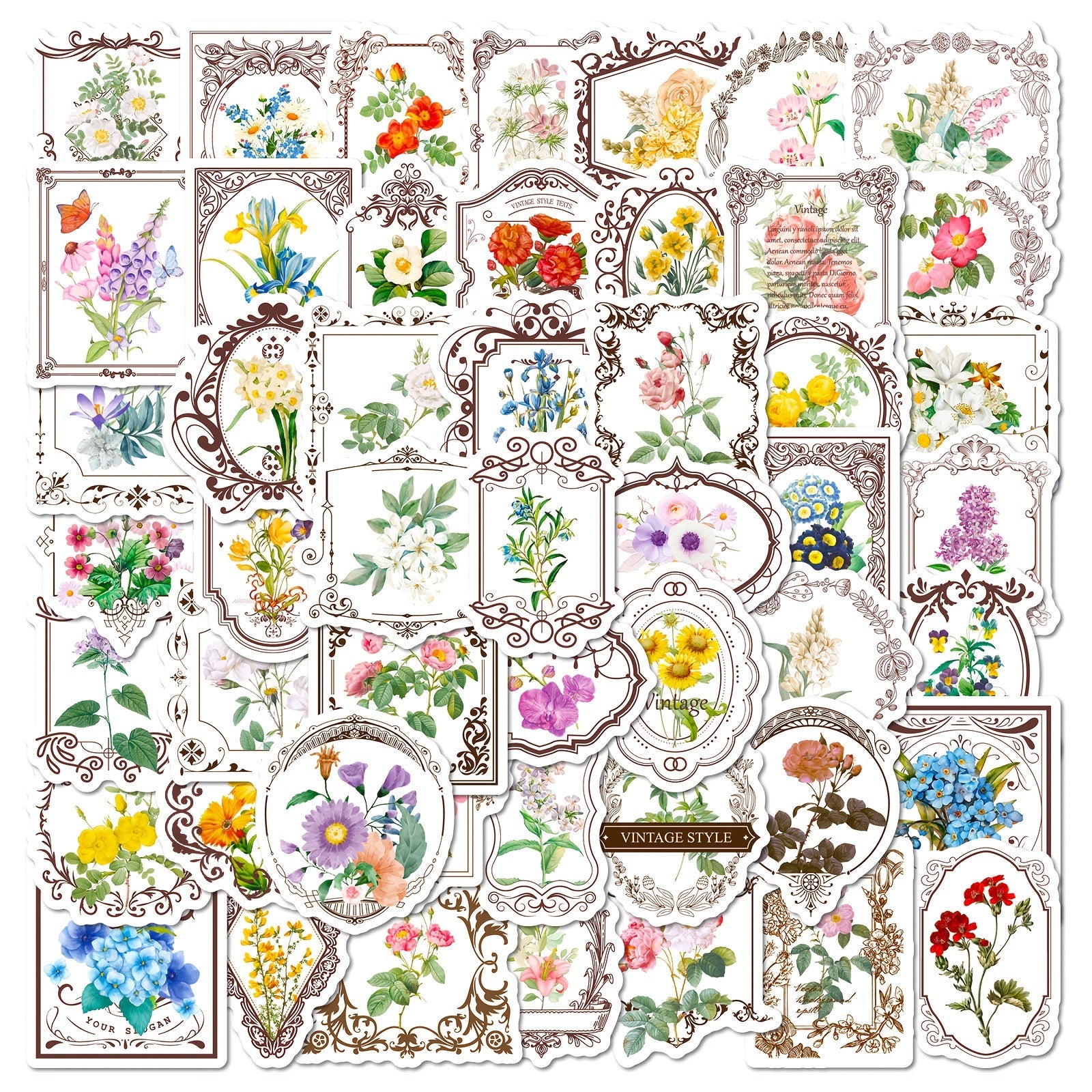 50pcs Retro Flower Stickers for Garden Diary Laptop Water Cup DIY Journal