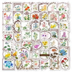 50pcs Retro Flower Stickers for Garden Diary Laptop Water Cup DIY Journal
