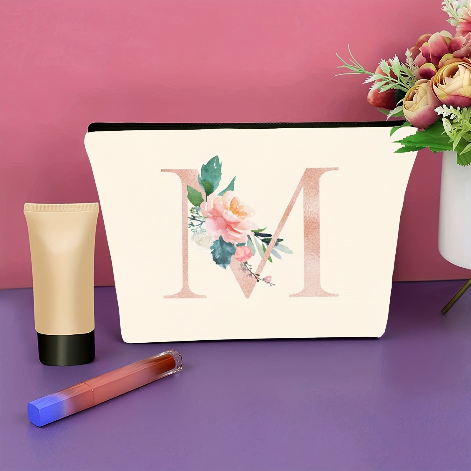 Floral Initial Makeup Bag Zipper Cosmetic Pouch Monogrammed Gift