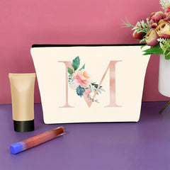 Floral Initial Makeup Bag Zipper Cosmetic Pouch Monogrammed Gift