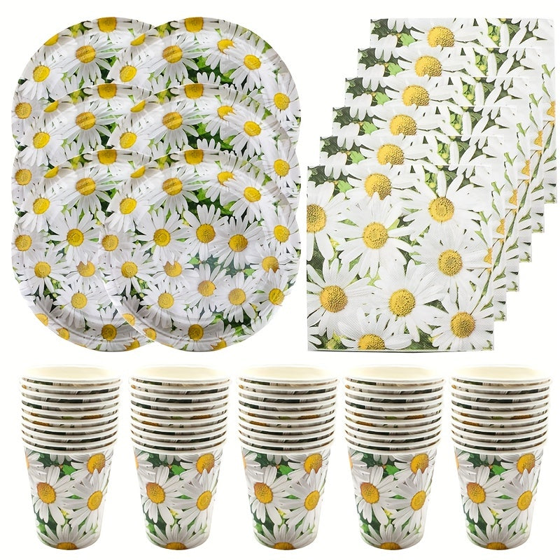 Daisy Flower Party Supplies Set Disposable Dinnerware Plates Napkins & Cups