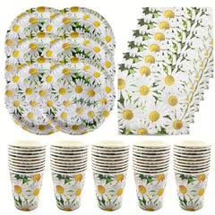 Daisy Flower Party Supplies Set Disposable Dinnerware Plates Napkins & Cups