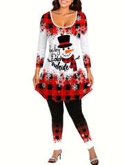 Women's Plus Size Christmas Outfit Set - Gingham & Snowman Print Top