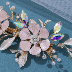 Girls Golden Pink Flower Hair Clip Colorful Rhinestone Hairpin