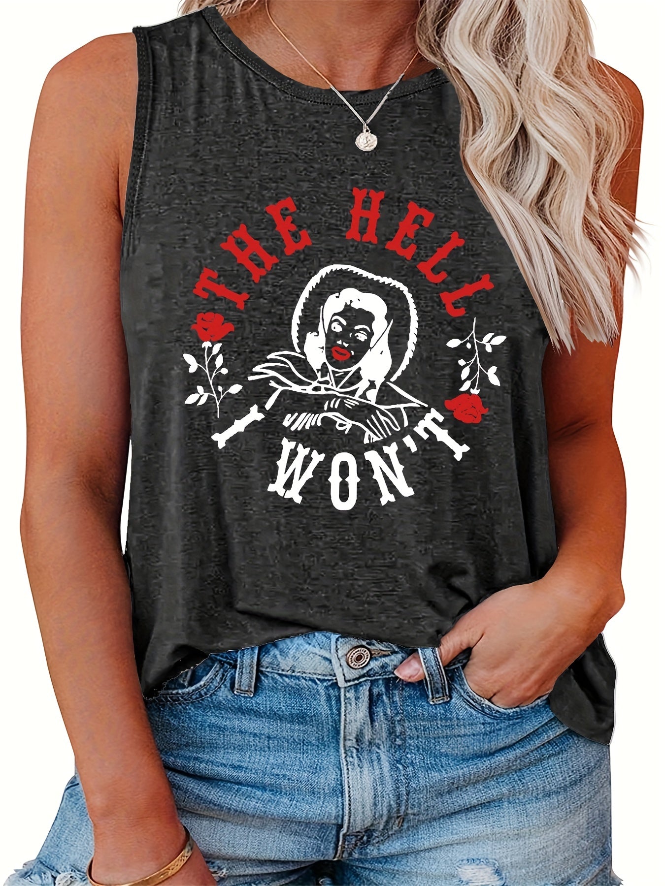 Casual Tank Top Women's Plus Cartoon Figure & Letter Print