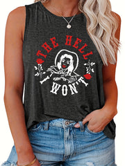 Casual Tank Top Women's Plus Cartoon Figure & Letter Print