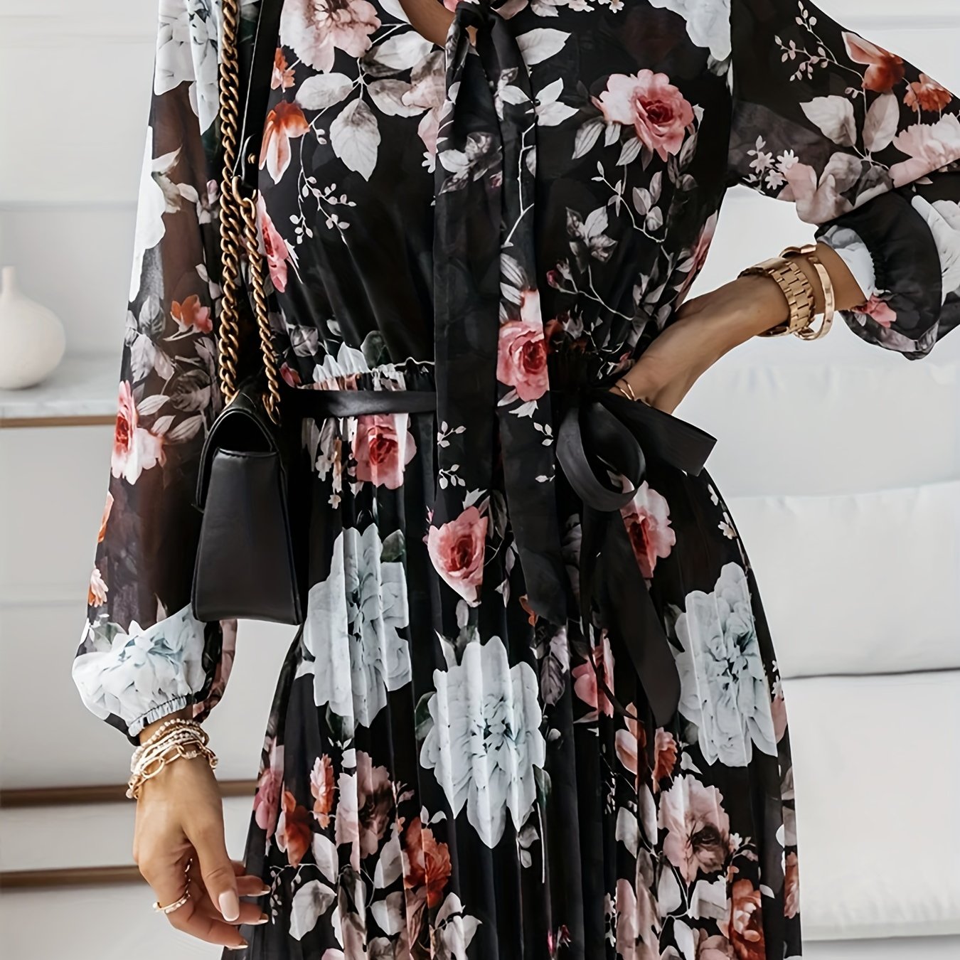 Floral Print Pleated Dress Tie Neck Long Sleeve Women's Clothing