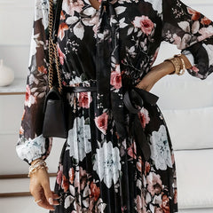 Floral Print Pleated Dress Tie Neck Long Sleeve Women's Clothing
